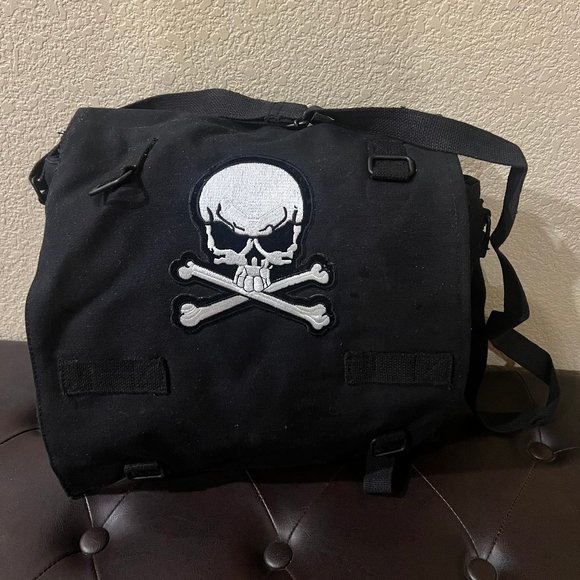 ARMY Tough Vintage Canvas Shoulder Bag Black Color With Skull & Bone Patch - NEW
